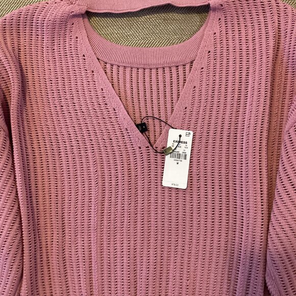 Express Crewneck Pointelle Sweater Back Cut-Out Balloon Sleeve Mauve Pink Medium - Picture 5 of 7